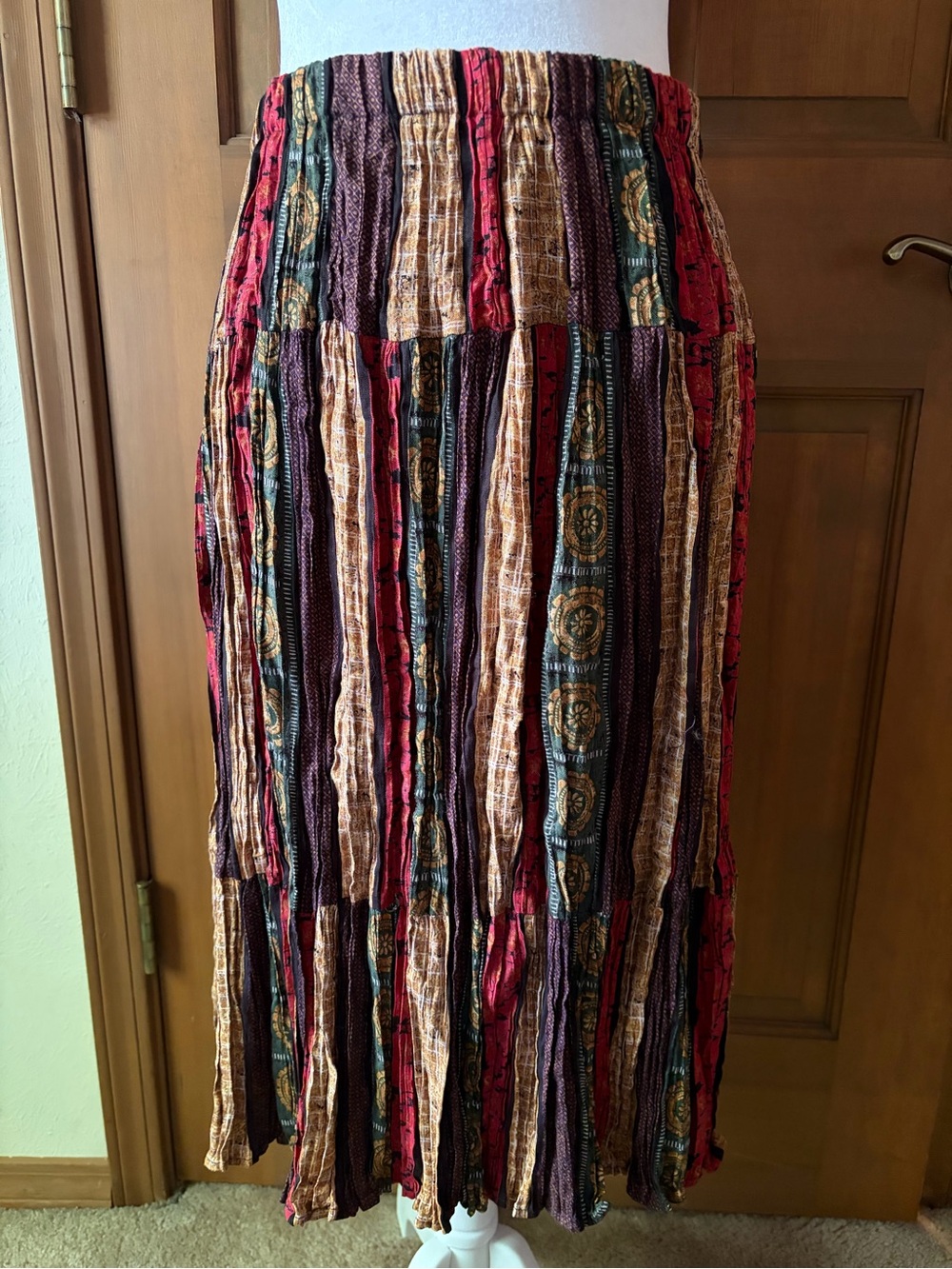 Vintage Boho Textured Tiered Midi Skirt - Multicolor